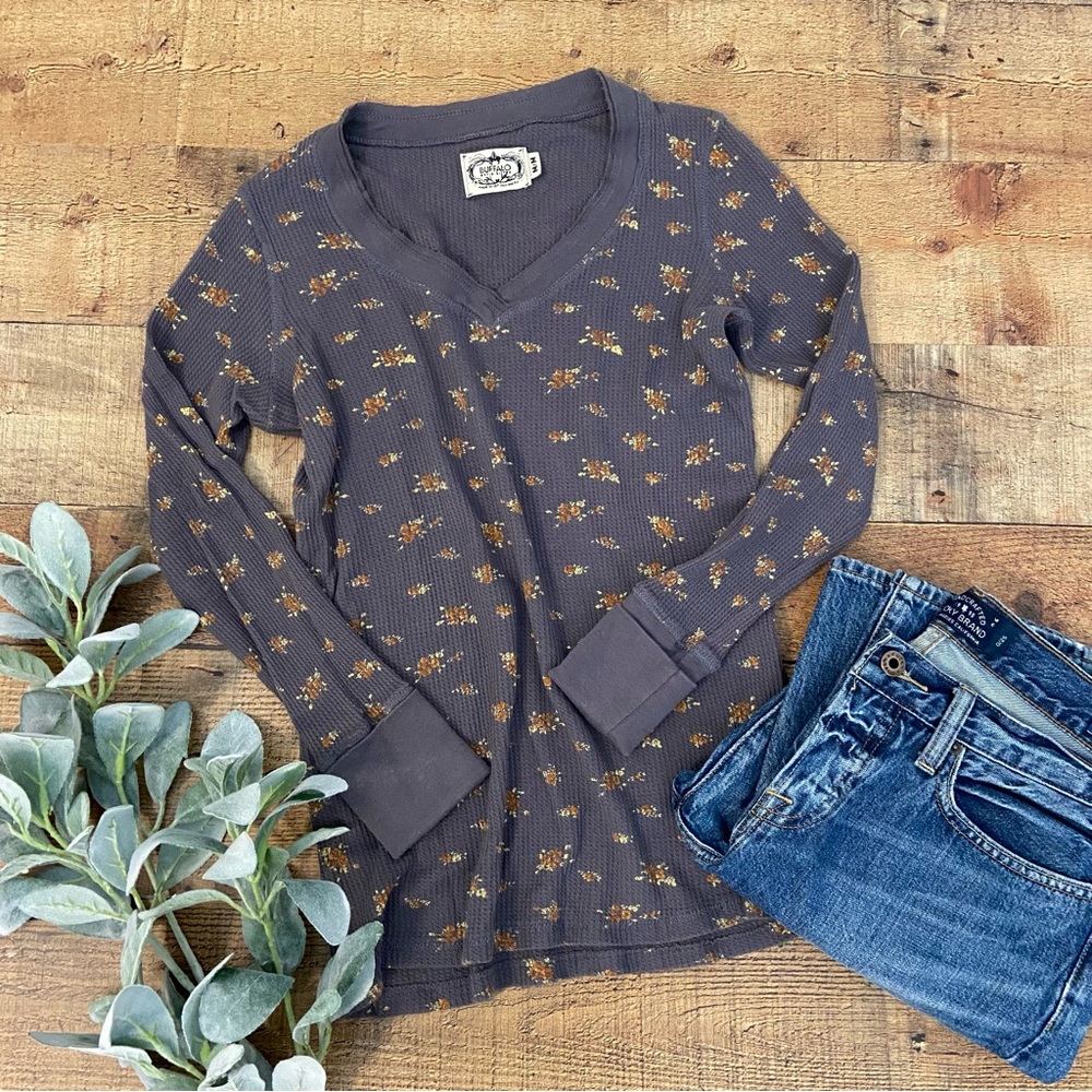 Gray Floral Long Sleeve Waffle Textured Top, GRAPHIC on BACK